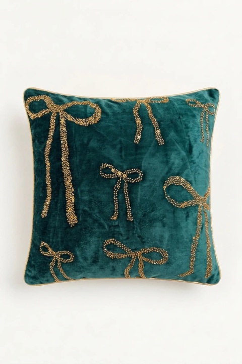 Zielona poszewka świąteczna BLINK BOW 45x45 cm ze złotymi kokardami