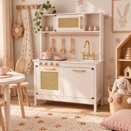 Drewniana kuchnia dla dzieci w stylu boho z akcesoriami w pokoju dziecięcym