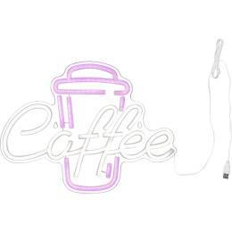 Neon LED Coffee o wymiarach 40 × 30 cm, z różowym konturem kubka i białym świecącym napisem Coffee