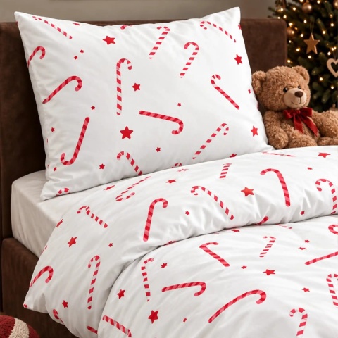 Biała pościel świąteczna Candy Cane z motywem lasek cukrowych