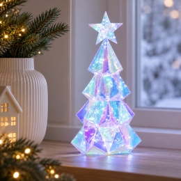 Holograficzna choinka świąteczna LED o wysokości 38 cm, z geometrycznymi segmentami, gwiazdą i chłodnym białym podświetleniem