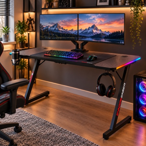 Czarne biurko gamingowe SHADOW GAMER 140x60 cm w aranżacji z dwoma monitorami i komputerem