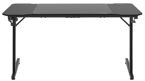 Czarne biurko gamingowe Shadow Gamer 140x60 cm z uchwytem na kubek i słuchawki oraz metalową konstrukcją.