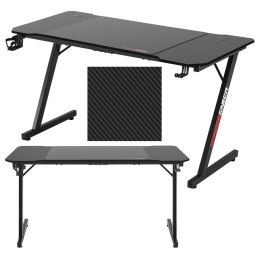 Czarne biurko gamingowe Shadow Gamer z blatem o strukturze carbon, metalowymi nogami i uchwytami na akcesoria.