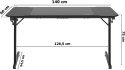 Wymiary biurka gamingowego Shadow Gamer – szerokość 140 cm, głębokość 60 cm, wysokość 75 cm i przestrzeń między nogami 126,5 cm.