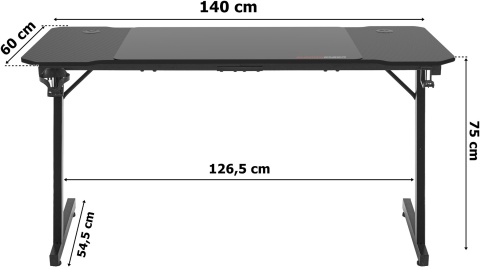 Wymiary biurka gamingowego Shadow Gamer – szerokość 140 cm, głębokość 60 cm, wysokość 75 cm i przestrzeń między nogami 126,5 cm.