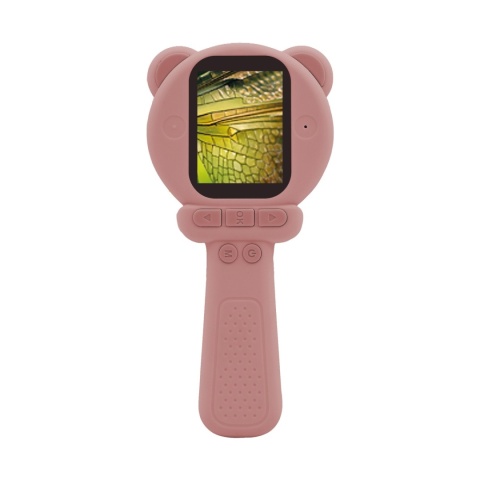 Różowy mikroskop cyfrowy dla dzieci ZAZU Fun z ekranem LCD, przyciskami sterowania i obudową w kształcie misia.