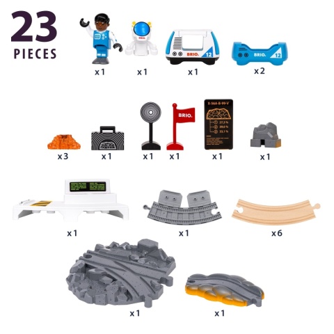 BRIO World Space Exploration 36153 – 23 elementy zestawu, w tym drewniane tory, pociąg, figurka astronauty i minerały