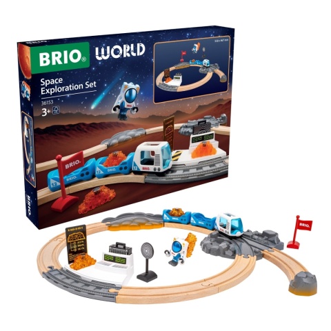 BRIO World Space Exploration 36153 – drewniana kolejka kosmiczna z torami, pociągiem, wagonikami, laboratorium i opakowaniem