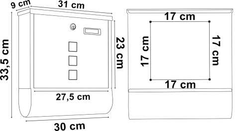 Wymiary czarnej skrzynki pocztowej HANS z gazetnikiem – szerokość 31 cm, wysokość 33,5 cm i głębokość 9 cm.