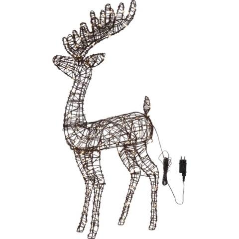 Brązowy renifer świąteczny LED o wysokości 115 cm i szerokości 60 cm, z dekoracyjnym porożem, wykonany ze sztucznego rattanu na metalowym stelażu, ozdobiony drobnymi białymi światełkami LED
