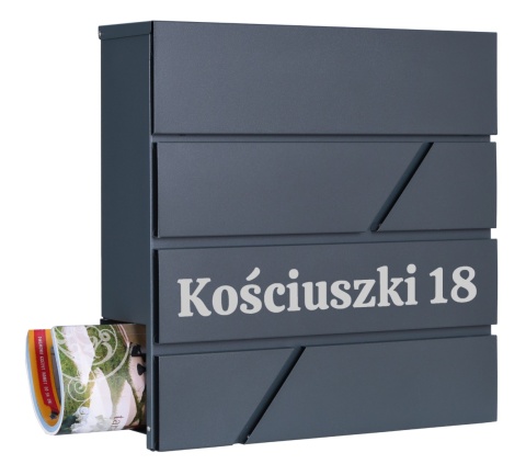 Nowoczesna skrzynka na listy TOVE w kolorze antracytowym z personalizowanym napisem adresowym i wbudowanym gazetnikiem.