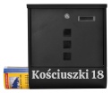 Czarna skrzynka na listy HANS z personalizowanym napisem Kościuszki 18, zamkiem na klucz i gazetnikiem.