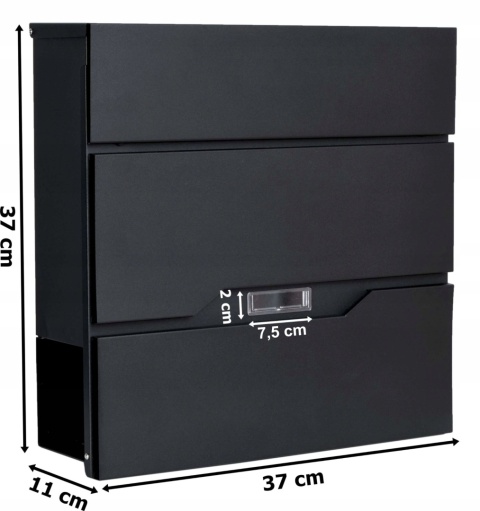 Wymiary czarnej skrzynki na listy VIDAR – wysokość 37 cm, szerokość 37 cm, głębokość 11 cm.