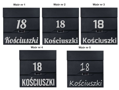 Pięć wzorów personalizacji skrzynki pocztowej VIDAR z numerem domu i nazwiskiem.
