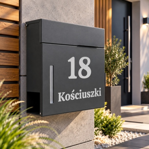 Nowoczesna czarna skrzynka pocztowa z personalizowanym napisem Kościuszki 18