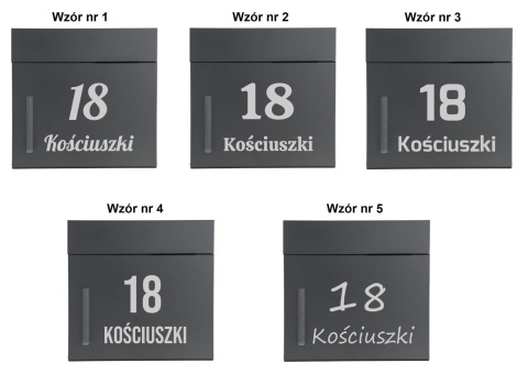 Pięć wzorów personalizacji skrzynki pocztowej Jerez z numerem domu 18 i napisem Kościuszki, różne style czcionek.