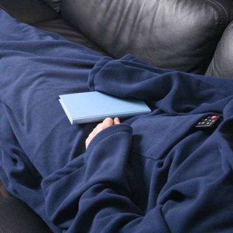 Granatowa bluza koc oversize z rekawami - miekka i ciepła narzutka do domu z dużą kieszenia