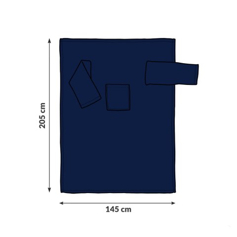 Bluza koc oversize w kolorze granatowym – wymiary 205 x 145 cm, duży i ciepły koc z rękawami idealny do relaksu w domu.