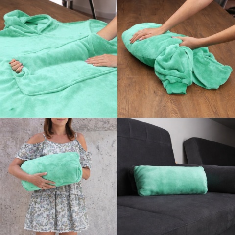 Miętowa bluza koc 2w1 składana w poduszkę – praktyczna i miękka bluza oversize z polaru, idealna do domu i w podróży