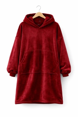 Czerwona bluza oversize z kapturem – długa bluza koc z kieszenią, miękka i ciepła