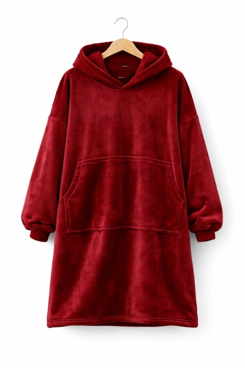 Czerwona bluza oversize z kapturem – długa bluza koc z kieszenią, miękka i ciepła