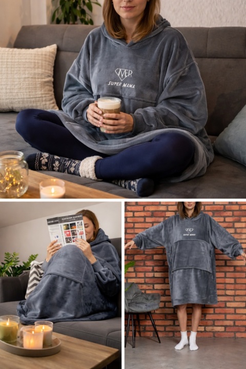 Szara bluza koc Super Mama – miękka i ciepła bluza oversize z kapturem, idealna do relaksu w domu i jako wyjątkowy prezent