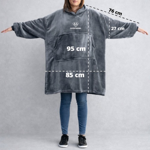 Szara bluza koc oversize Super Mama 95x85 cm – luźny krój, szerokie rękawy i rozmiar uniwersalny zapewniają maksymalny komfort