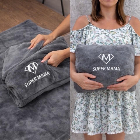 Szara bluza koc Super Mama 2w1 – ciepła bluza oversize, którą w kilka sekund złożysz w miękką poduszkę, idealny prezent dla mamy